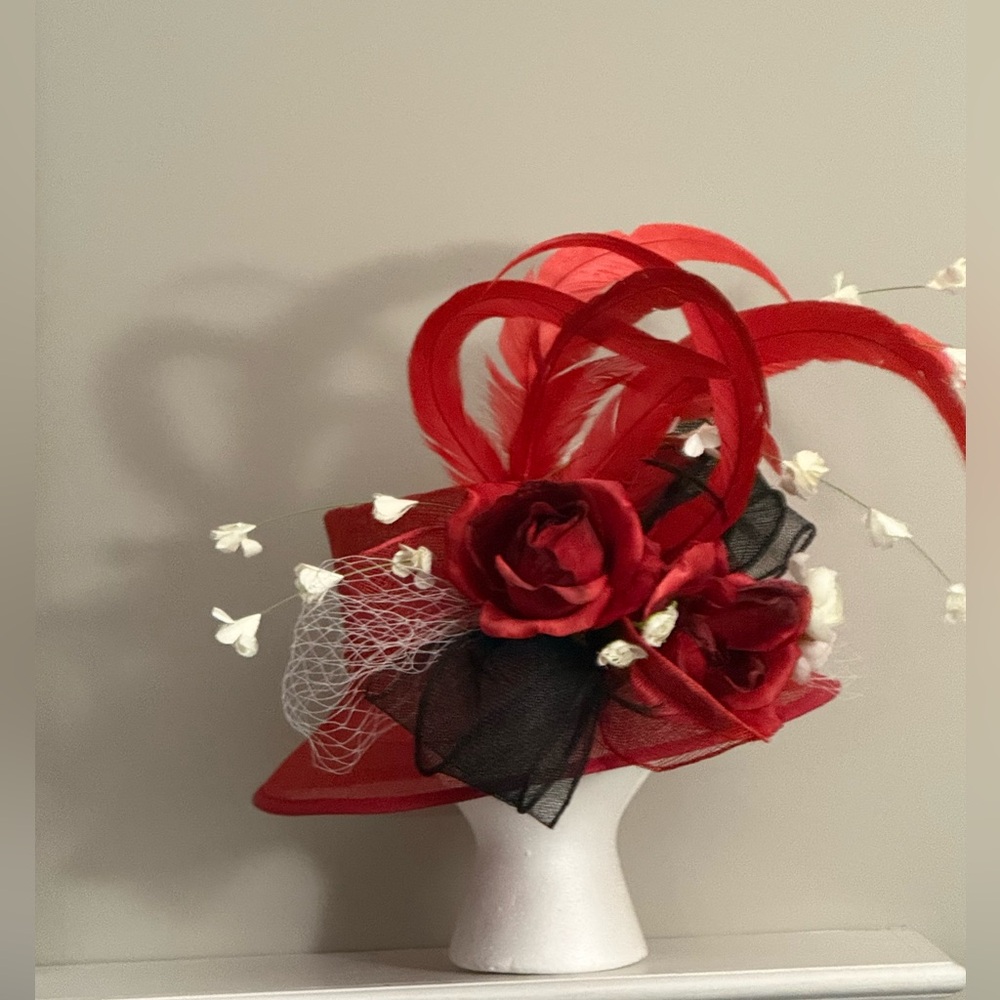 Red Floral Feather Hat